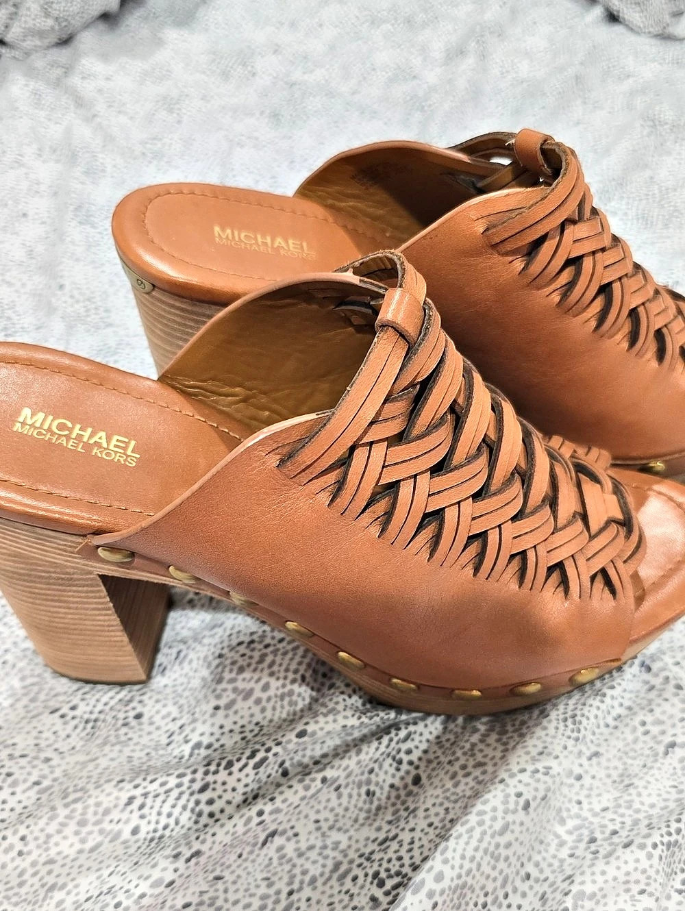 Michael Kors Woven Studded Mule Heels in Brown